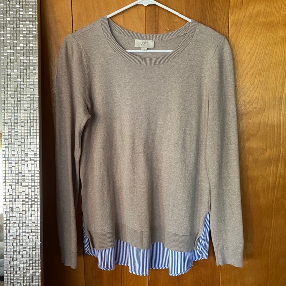 LOFT Sweaters - Loft Beige Crewneck Sweater w Stripe Ruffle Detail